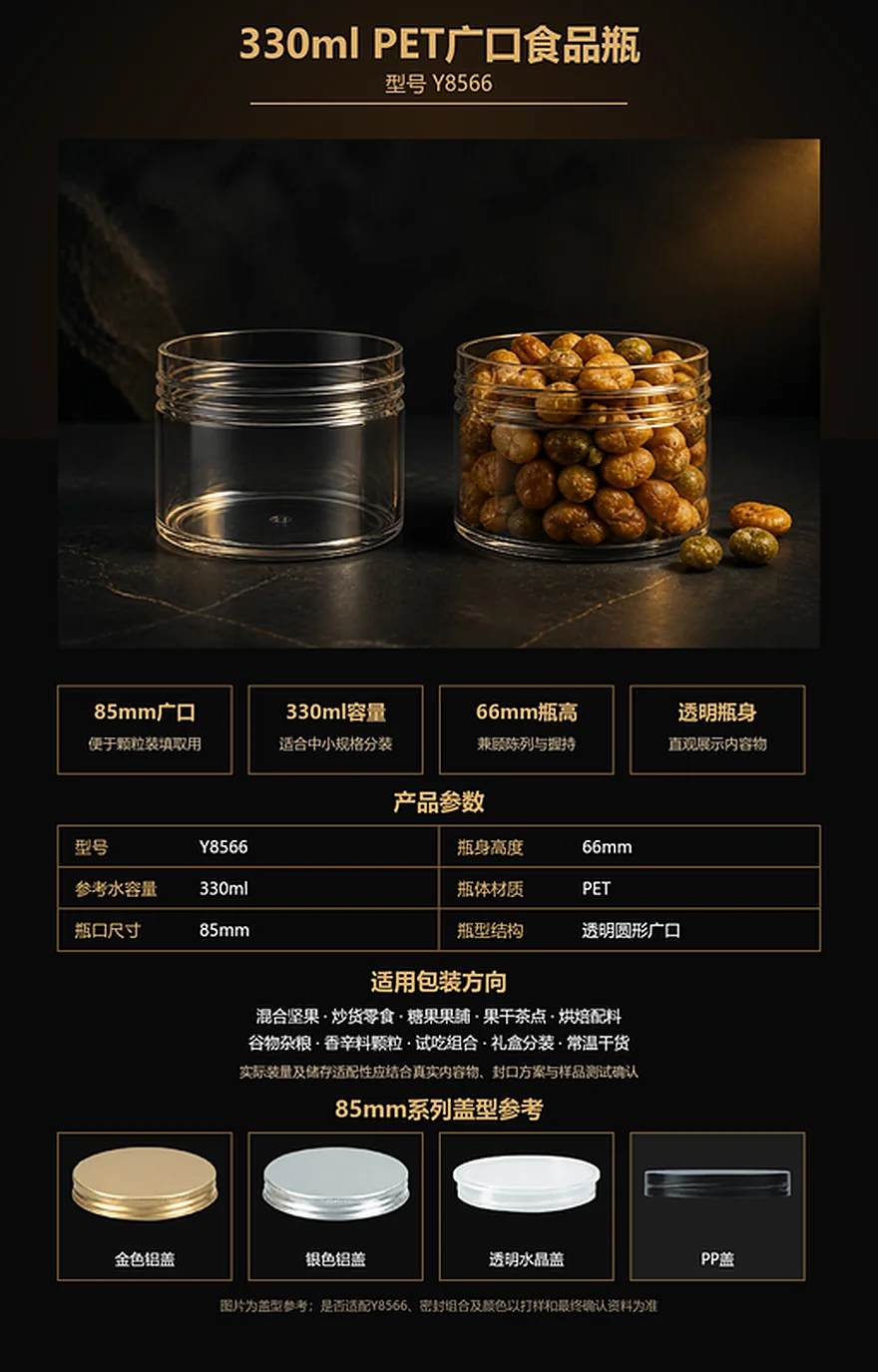Y8566 330ml 85mm广口PET炒货瓶参数、应用与盖型参考