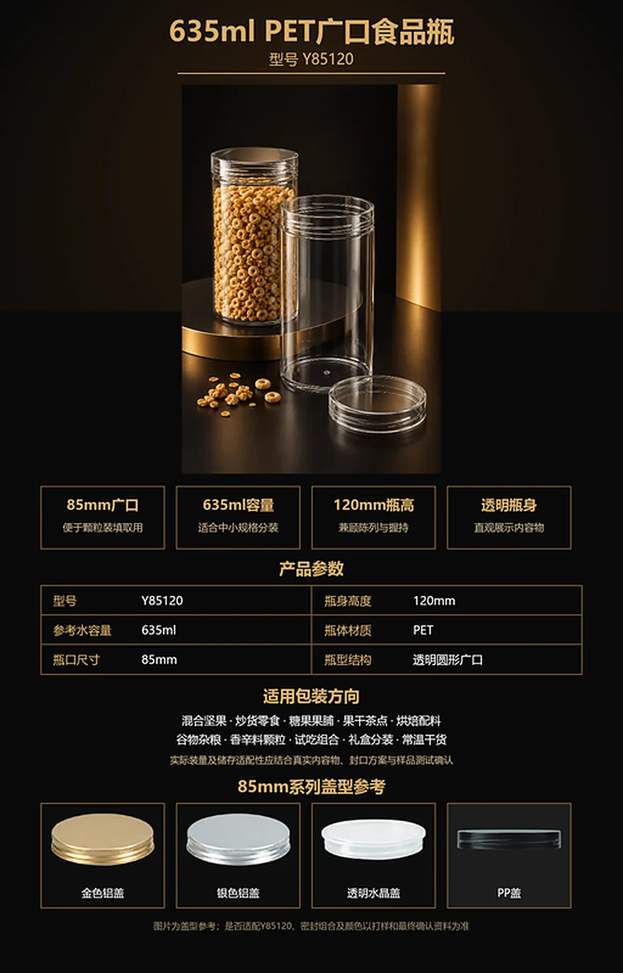 Y85120 635ml 85mm广口PET食品瓶参数与盖型参考